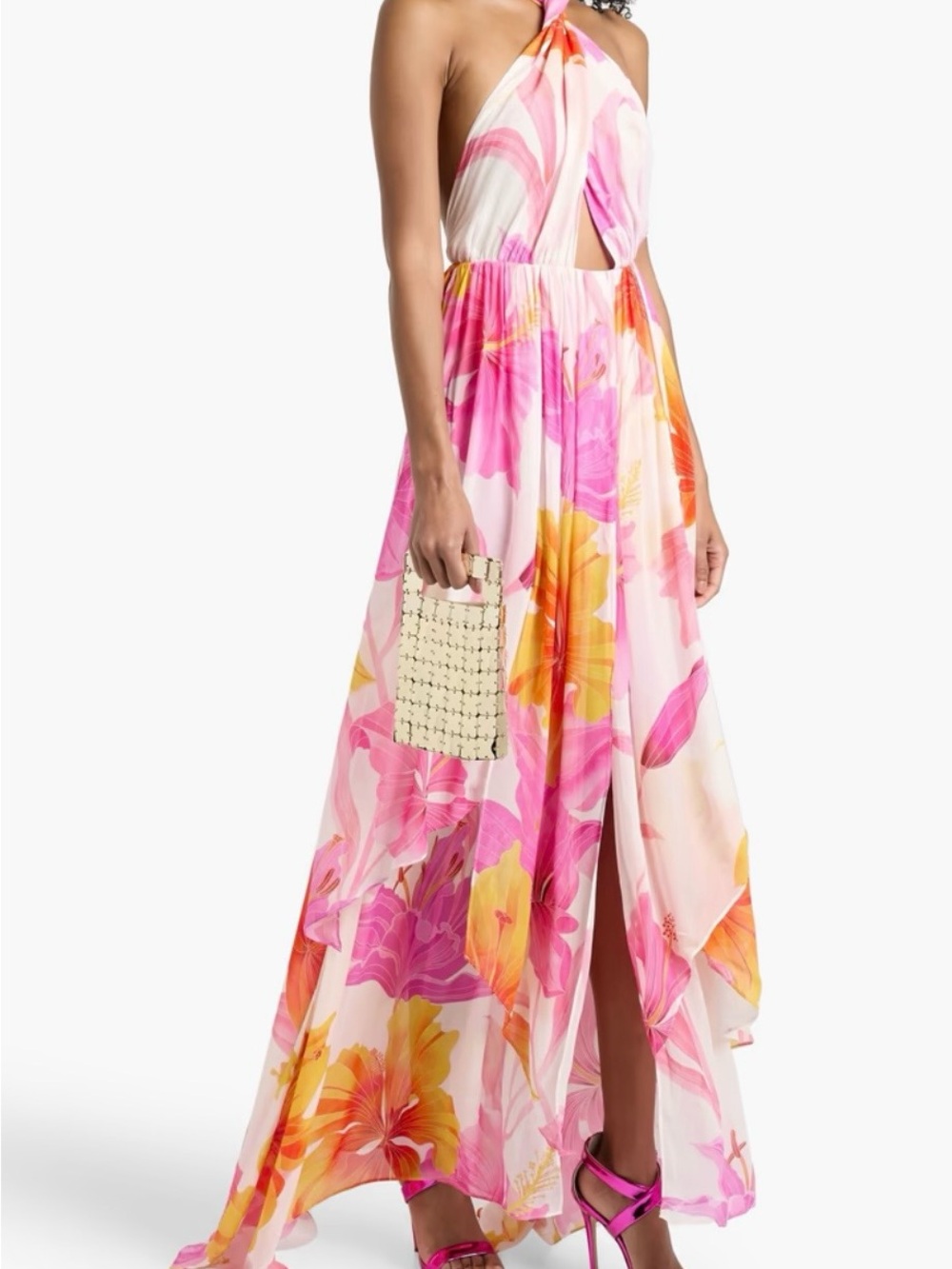 Retrofete Pink & Yellow Floral Halter Maxi Dress